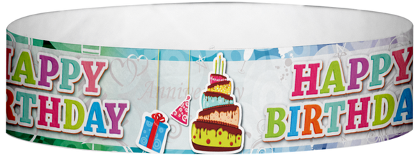 A Tyvek® 3/4" X 10" Happy Birthday Cake Wristband